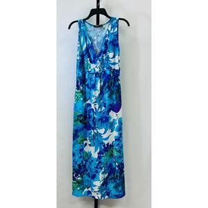 Elementz Sleeveless Floral Maxi Dress Size Small Blue White Tropical Print